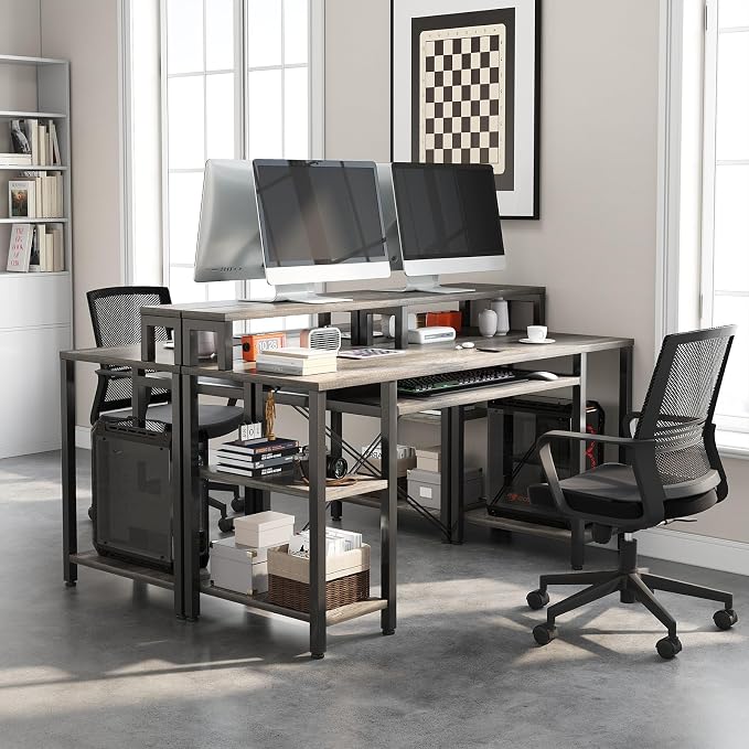 VERMESS Computer Desk- 48 Inch Home Office Desk with Keyboard Tray, 47" Gaming Desk with Full Monitor Stand & Storage Shelves & CPU Stand, Modern Study Writing Table with Shelf for Storage, Gray Oak - Image 7