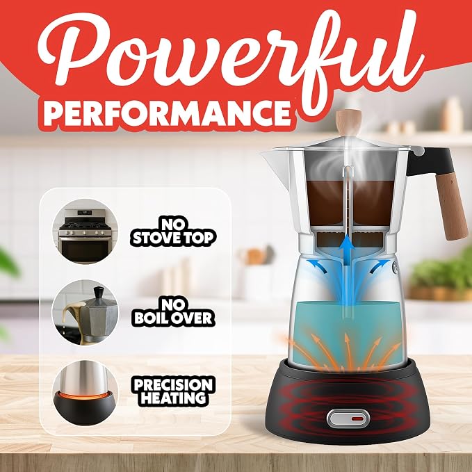 Gourmia Electric Moka Pot Espresso Maker – 6 Shot Italian-Style Coffee Brewer, 550W Detachable 360° Cordless Base, Food-Grade Aluminum, Beechwood Handle - Image 2