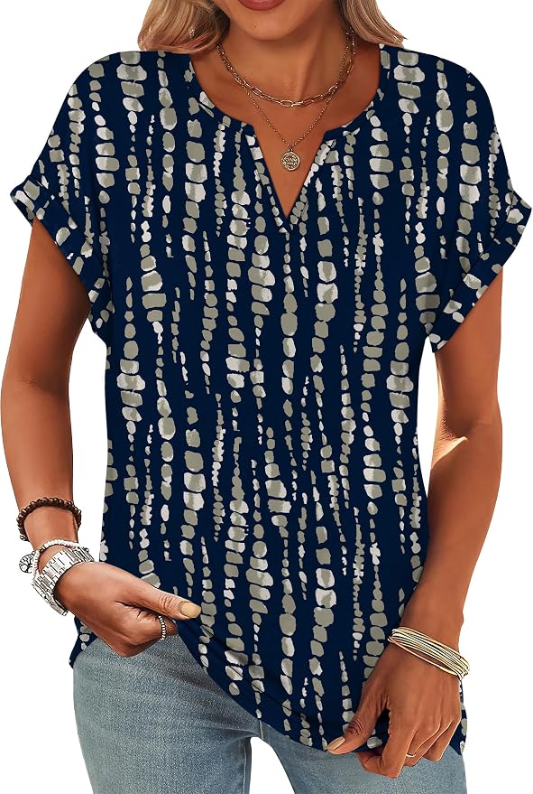 Womens Tops Dressy Casual V Neck Rolled Sleeve T Shirts Fashion Clothing Business Casual Outfits Beach Vacation Clothes - Image 2