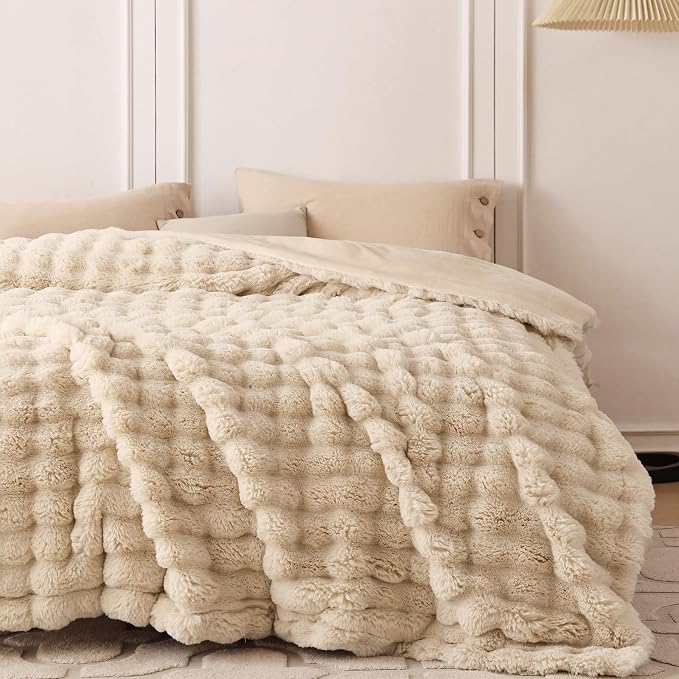 COOVA Faux Fur Throw Blanket for Couch, Cozy Soft and Fuzzy Plush Rabbit Fur Bubble Blanket for Sofa Bedroom Living Room, 50x60 Inches Light Taupe - Image 4