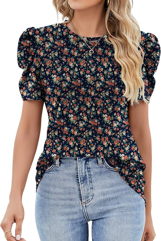 Ivicoer Puff Short Sleeve Shirt for Women Eyelet Tops Summer Crewneck Blouse Loose Fit S-XXL by Ivicoer