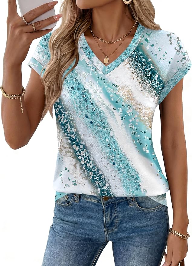 Rapbin Womens Summer Tops Women Blouses Dressy Casual V Neck T Shirts Short Sleeve Spring Tops for Women - Image 2