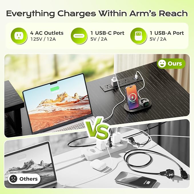 PRAISUN 53" L Shaped Computer Desk, Power Outlets, Monitor Stand, Black | USB-C Ports, Reversible Charging Station, Spacious Desktop & Legroom, 0.94 Inch Thick Desktop, for Gaming, Study & Work - Image 5