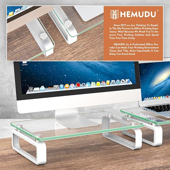 Hemudu 2 Pack Computer Monitor Stand Riser Multi Media Desktop Stand for Flat Screen LCD LED TV, Laptop/Notebook, with Tempered Glass and Metal Legs,HD02T-201 - Image 2