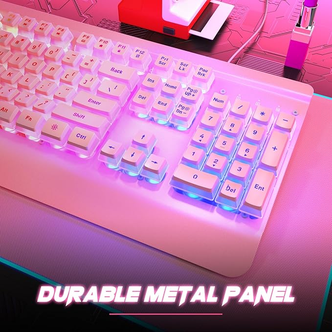 Pink Creamy Keyboard, 104 Keys All-Metal Panel, Rainbow LED Backlit Silent Gaming Keyboard, Wrist Rest, PBT Keycap, Anti-ghosting Keys, Light Up USB Wired Computer Keyboard for PC | Pink Creamy Keyboard Rainbow LED Backlit, Wrist Rest, PBT keycaps, Ant... - Image 6