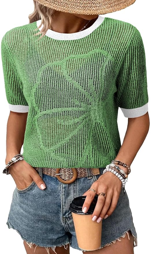 Dokotoo Womens Summer Short Sleeve Crochet Tops Hollow Out Floral Sweaters Beach Vacation Cruise Outfits by Dokotoo