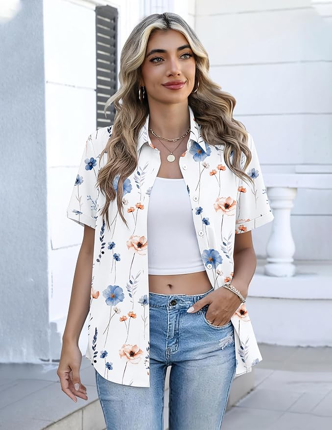 Zeagoo Button Down Shirts for Women Short Sleeve Collared Tops Dressy Casual V Neck Blouses - Image 3