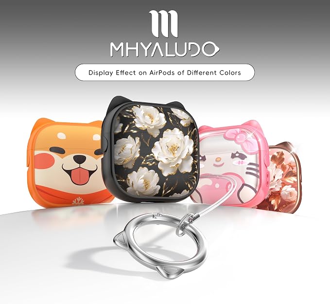 for AirPods 4 Case with Cleaning Kit, Cute Cat Ear Print Design & Cute Buckle, Inverted Phone Holder Design, Top Safe Lock Buckle Design, for Girls AirPods 4 case 2024, Black Peony - Image 6
