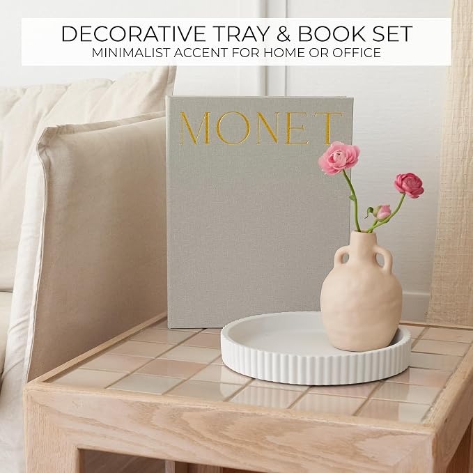 Decorative Concrete Tray & Book Decor Set - Scalloped Tray & Linen Box Enhance Your Coffee Table or Bookshelf Decor - Stylish Home Decoration for Your Living or Dining Room & as a Housewarming Gift - Image 3