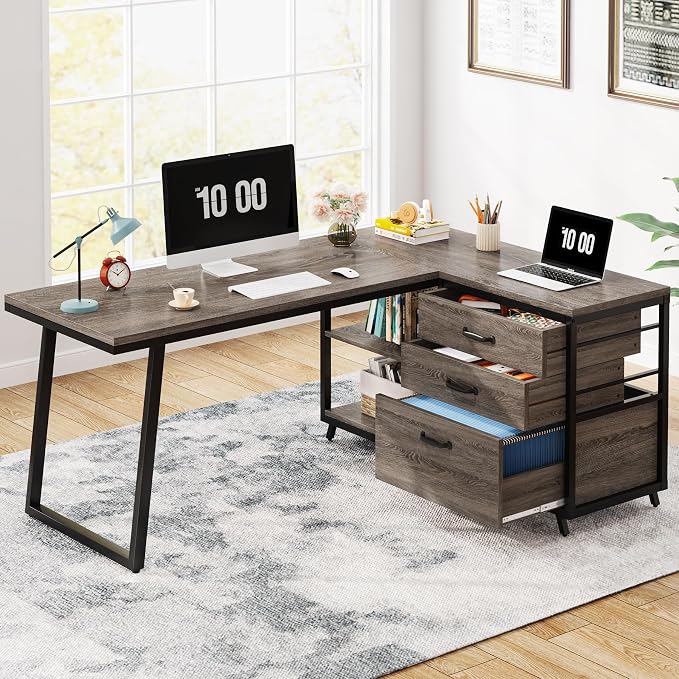 Tribesigns L-Shaped Desk with 3 Drawers, Reversible Corner Home Office Computer Desk with Shelves, 53-Inch Industrial PC Desk Study Writing Table Workstation for Small Space, Grey by Unknown