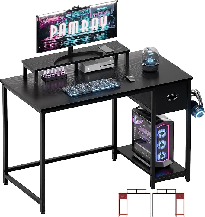 Pamray 39 Inch Small Computer Desk with Monitor Stand and Drawer for Gaming | Small Gaming Desk, for Bedroom Small Spaces, Home Office, Dorm and Apartment, for Writing, Study and Working by PAMRAY