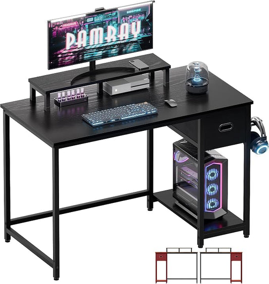 Pamray 39 Inch Small Computer Desk with Monitor Stand and Drawer for Gaming | Small Gaming Desk, for Bedroom Small Spaces, Home Office, Dorm and Apartment, for Writing, Study and Working by PAMRAY
