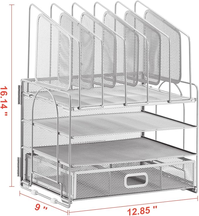 Marbrasse Desk Organizers, 4-Tier Mesh Desk File Organizer with 5 Vertical File Holders and 2 Pen Holders, Multifunction Desktop Organizer,Desk Organizers and Accessories for Home Office (Silver) - Image 5