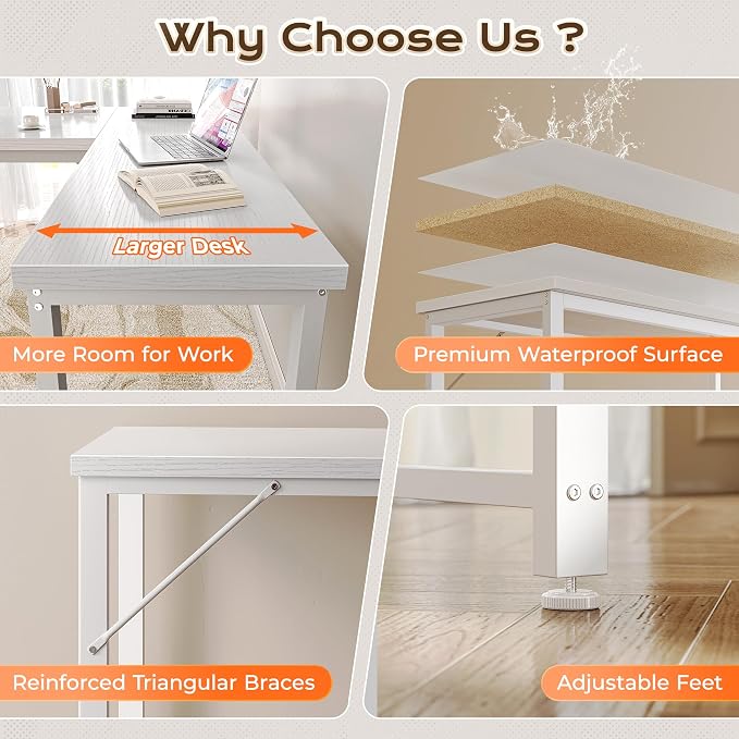 Huuger 63 Inch L Shaped Desk with Power Outlets and USB-C Port, Reversible Computer, Larger Office Corner Gaming Desk, 0.95 Inch Thicker Desktop, Metal Frame, for Home Office, Study, White - Image 8