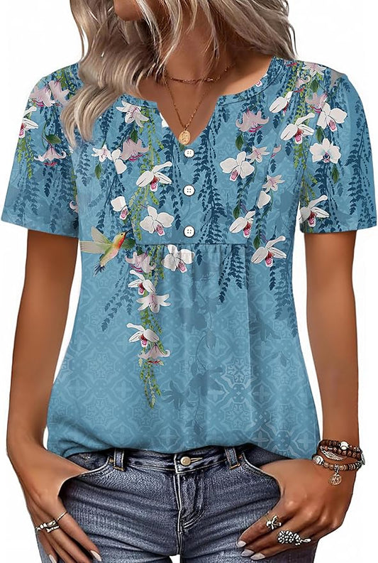 Zeagoo Womens Short Sleeve Tops Summer Henley V-Neck Tshirts Casual Pleated Blouse Dressy Loose Floral Basic Tee by Zeagoo