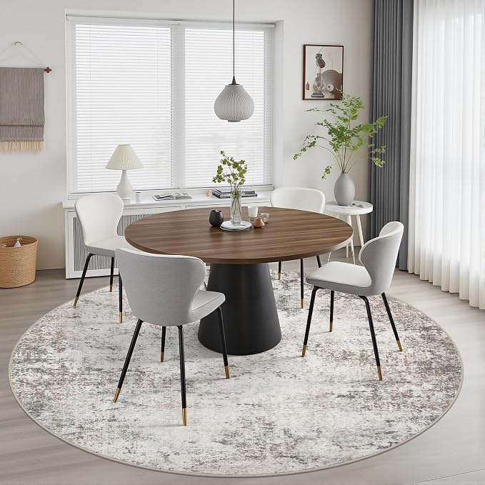 Round Area Rug for Living Room: 6 ft Washable Modern Abstract Soft Thin Rug Indoor Floor No Slip Stain Resistant Carpet for Bedroom Dining Room Farmhouse Nursery Home Office - Brown Grey - Image 3