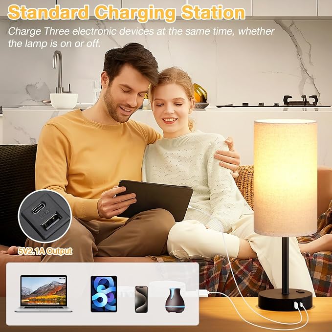 Dicoool 17.4" Bedside Lamp for Bedroom - Dimmable Touch, USB A+C, AC Outlet | LED Bulb Included, 3-Way Dimmable, 17.4" Table Lamp for Living Room, Dorm, Beige Fabric Lampshade, Black Metal Base - Image 5