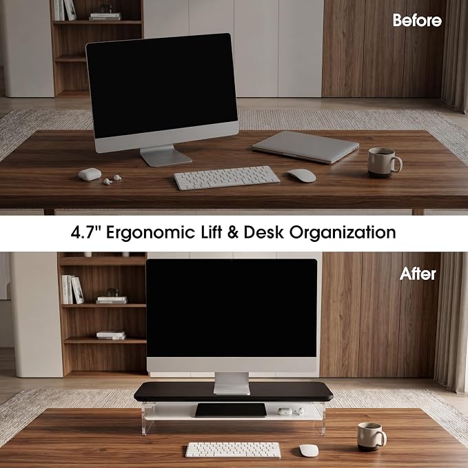 Fenge 23.6" Monitor Stand with Clear Acrylic Legs, Black | Clear acrylic, storage compartment, 2-tier home office monitor riser, wide large desktop shelf fit monitor/laptop/printer - Image 6