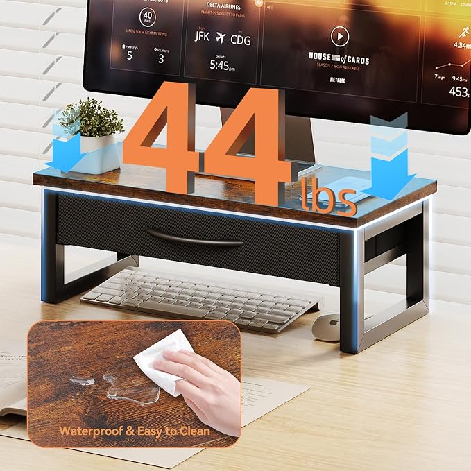 Computer Monitor Stand Riser with Drawer, 2-Tier Desk Accessories & Workspace Organizers, Laptop Stand for Desk with Storage, Office Organization, Wood - Image 4