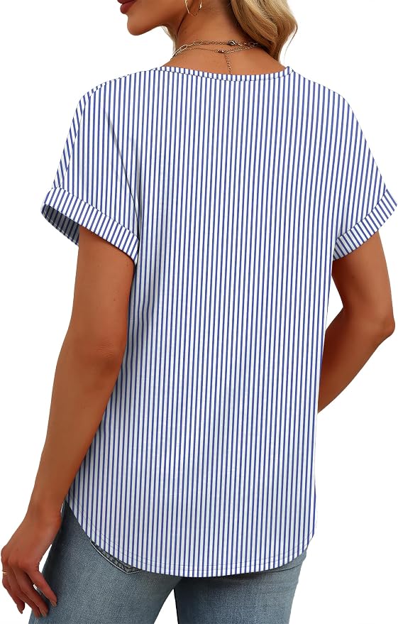 Womens Tops Dressy Casual V Neck Rolled Sleeve T Shirts Fashion Clothing Business Casual Outfits Beach Vacation Clothes - Image 5