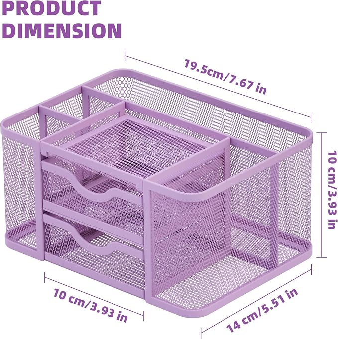 Marbrasse Mesh Desk Organizer, Pen Holder with 2 Drawer, Multi-Functional Pencil Holder, Desk Organizers and Accessories with 5 Compartments + Drawer for Office Art Supplies (Purple) - Image 4