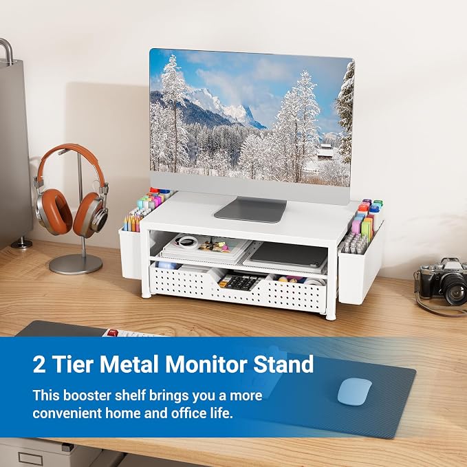 Wood Metal Monitor Stand Riser, Laptop Stand for Desk, Office Desk Organizer and Accessories, Computer Desktop Shelf with Drawer and Pen Holder, Printer Stand for Home, Office, Dorm (White Wood) - Image 2