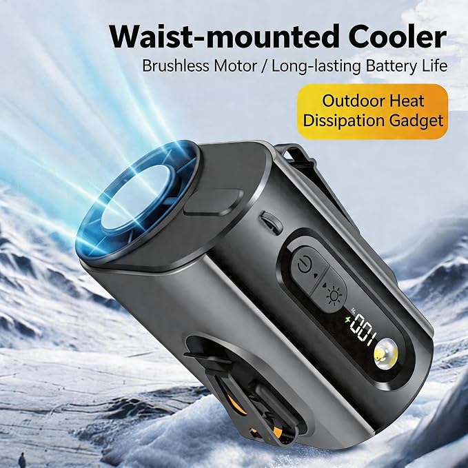 2026 AI Wearable Waist/Neck Hanging Fan,with Ice Cooler & Flashlight,10000mAh Rechargeable Clip On Belt Cooling Fan, 100-Speed 16000RPM Personal Body Fan,25H Work Time for Outdoor, Jobsite,Camping - Image 2