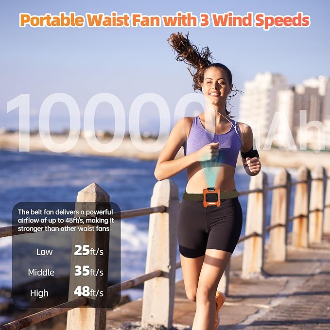 Waist Fan, 10000mAh Rechargeable Belt Clip Fan, 24H Runtime, 49ft/s Strong Airflow, 3-Speed 7-in-1 Hands-Free Personal Fan with Bottom Air Intake and LED SOS Light for Jobsite Outdoor Work - Image 2