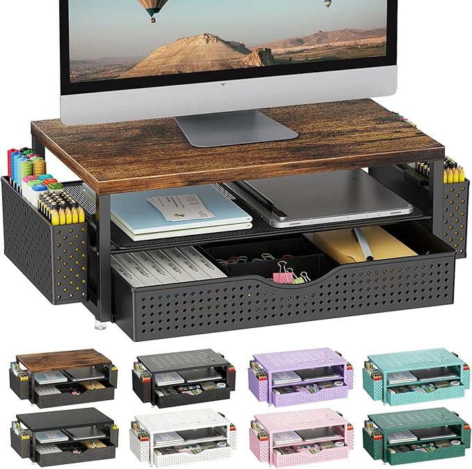 gianotter Desk Organizers and Accessories, Monitor Stand with Drawer and 2 Pen Holder, Desktop Organizer Suitable for Offices and Dormitories (Wood-Plain) by gianotter