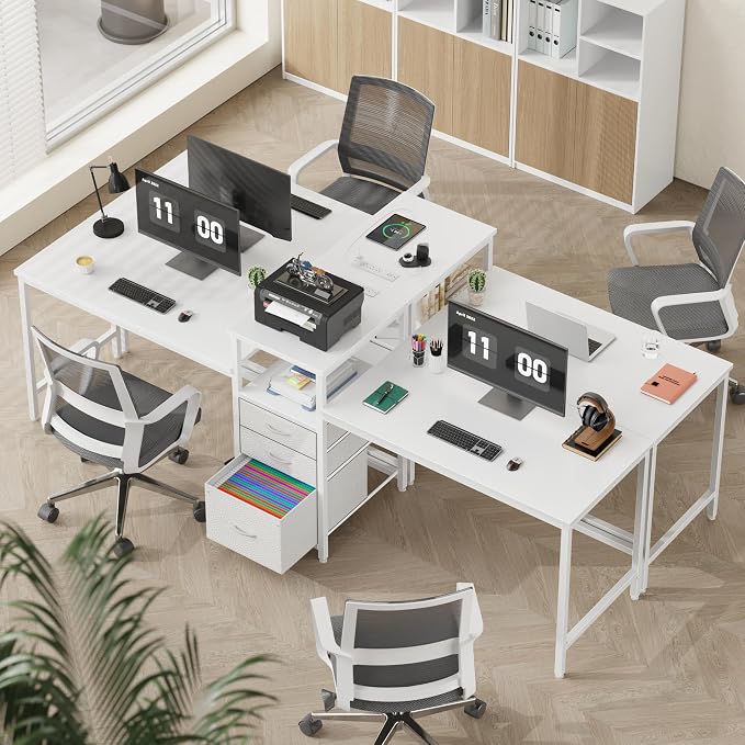 GYIIYUO 93'' Two Person Desk with Charging Station, Long Desk with 3 Drawer | Double Computer Desk with Printer Shelf, 2 Person Writing Study Table Workstation for Home Office, White - Image 7