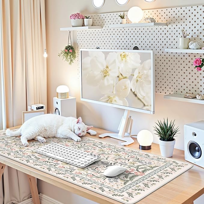 iCasso Desk Mat for Women Desk Accessories, 35.4x15.7in,Cozy Gray Floral | Back to School XXL Large Mouse Pad, Anti-Slip Big Mousepad with Stitched Edges,Smooth Water-Resistant - Image 7