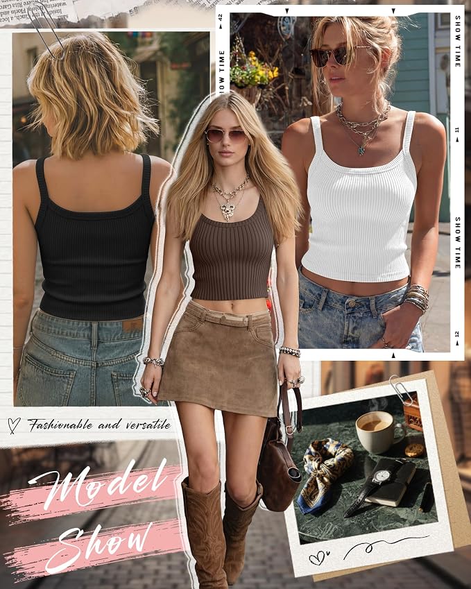 Ficerd 3 Pack Women's Tank Tops 95% Cotton Spaghetti Strap Ribbed Crop Camisole Slim Fitted Basic Summer Sleeveless Layer - Image 3