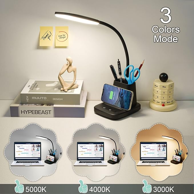 LED Desk Lamp with 10W Wireless Charging & Pen Holder, Black | CRI 95, 800LM, Stepless Dimming, 3 Modes, 360°Flexible Arm, Touch, Study Table Lamp for Home Office, Dorm Room, with Adapter - Image 3