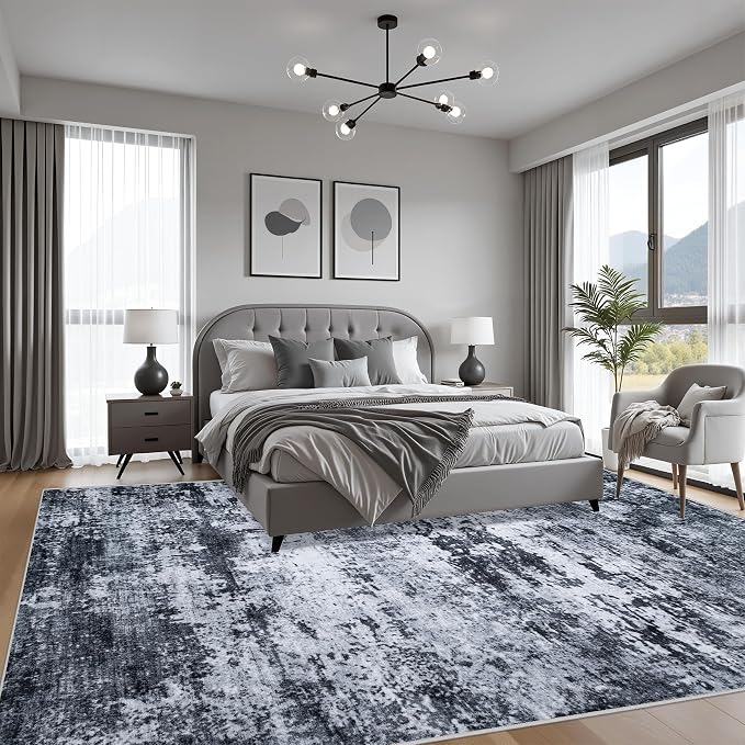 8x8 Area Rug Living Room Rug: Washable Modern Abstract Soft Thin Rug Indoor Floor No Slip Stain Resistant Carpet for Bedroom Dining Room Farmhouse Nursery Home Office - Black - Image 3