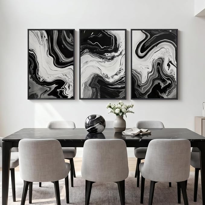 Large Framed Black and White Abstract Wall Art for Living room, 3 Piece Canvas Prints Paintings Artwork for Walls, Modern Minimalist Pictures Wall Decor for Bedroom Dining Room Office 24x36 In - Image 2