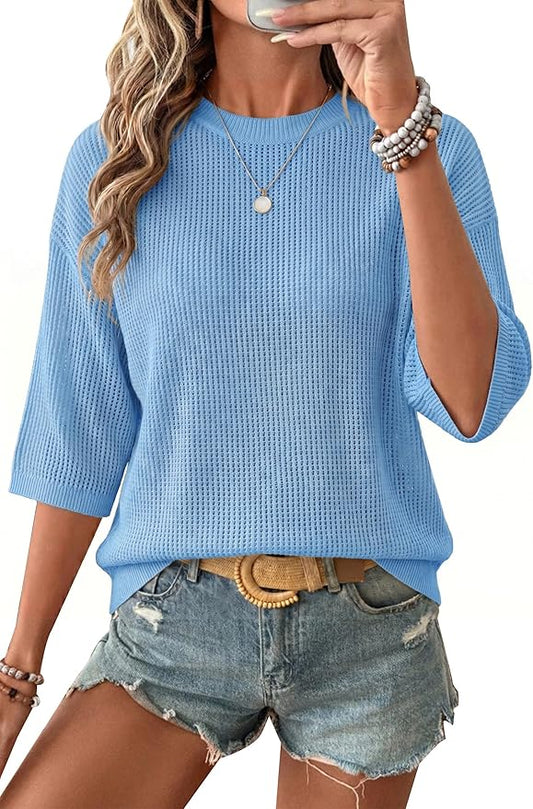 Arach&Cloz Womens Summer 100% Cotton Oversized Crochet Tops 3/4 Length Sleeve Sweater Hollow Out Casual Blouses 2026 by ArachClozFocusonQuality