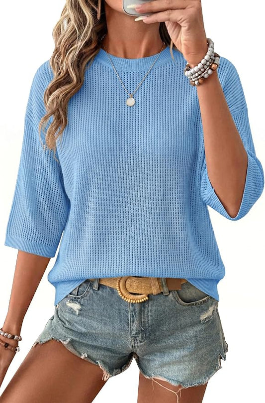 Arach&Cloz Womens Summer 100% Cotton Oversized Crochet Tops 3/4 Length Sleeve Sweater Hollow Out Casual Blouses 2026 by ArachClozFocusonQuality