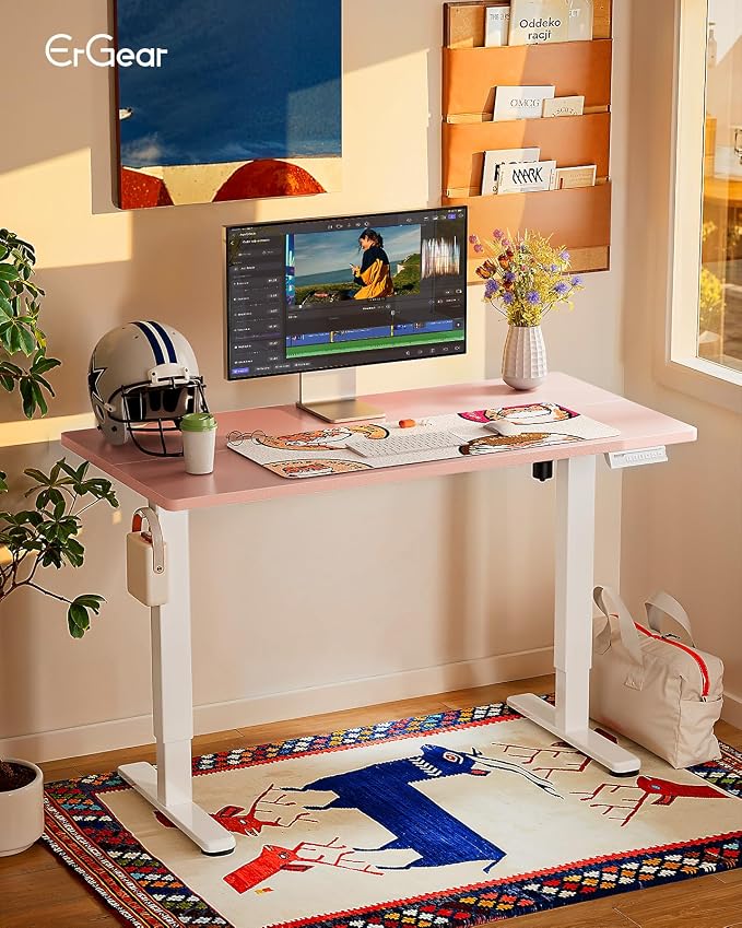 ErGear Height Adjustable Electric Standing Desk, 48 x 24 Inches Sit Stand up Desk, Memory Computer Home Office Desk, Pink - Image 2