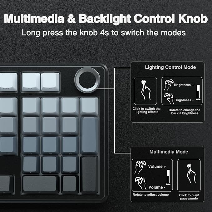 AULA F99 Pro Wireless Mechanical Keyboard with Knob,Gasket Structure,Tri-Mode BT5.0/USB-C/2.4GHz Hot Swappable Keyboard,Creamy Sound,RGB Backlit PBT Keycaps Computer Gaming Keyboards - Image 5