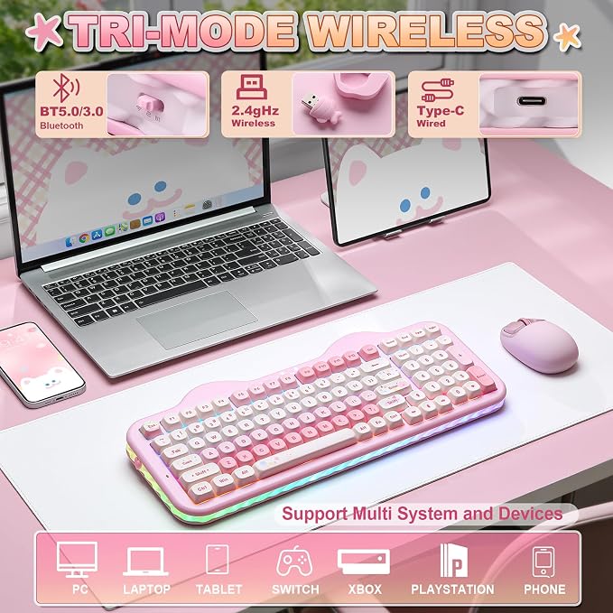 YUNZII C98 Cute Cake Wireless Mechanical Keyboard(Pink, Candy Switch) | 99 Keys with Number Pad, Hot Swap, PBT MOA Keycaps, BT5.0/2.4G/USB-C, Gasket Mount, Custom RGB Backlit for Win/Mac - Image 3