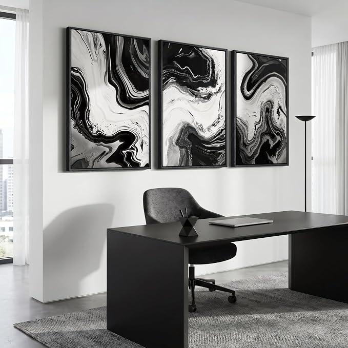 Large Framed Black and White Abstract Wall Art for Living room, 3 Piece Canvas Prints Paintings Artwork for Walls, Modern Minimalist Pictures Wall Decor for Bedroom Dining Room Office 24x36 In - Image 6
