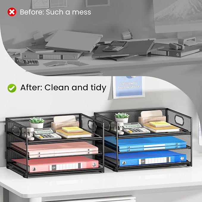 Subekyu 2-Pack 3-Tier Paper Letter Tray Organizer for Desk, Black Metal Mesh File Sorter Organizer with Handle and 1 PC Sliding Tray for Home Office School Desk Supplies Organization Storage - Image 2