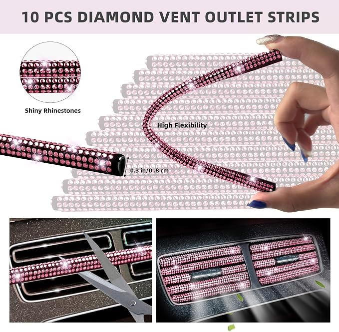 NBTEPEM 27-Piece Bling Car Accessories Set - Universal Fit Steering Wheel Covers, License Plate Frames, Phone Holder, Car Fast Charger, Coasters (Pink) - Image 6