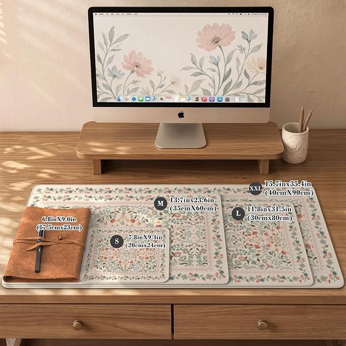 iCasso Aesthetic Flower Mouse Pad for Laptop, 23.6x13.7in Desk Pad, Beige | Desk Matt for Desktop,Anti-Slip Mousepad with Stitched Edges for Laptop Computer Keyboard - Image 2