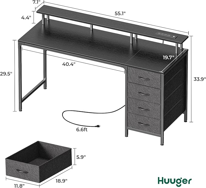Huuger 55 Inch Computer Desk with Power Outlets and LED Lights, Gaming Desk with 4 Drawers, Office Desk with Monitor Stand, Study Work Home Office, Black - Image 3