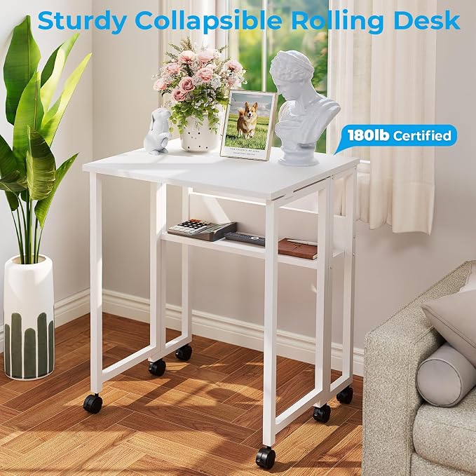 GreenForest Folding Desk with Wheels, 24.8" Rolling Table for Small Spaces | Storage Shelf, Lockable Casters, Compact Portable Workstation, Space-Saving Foldable Sofa Table, Home Office, Mobile, White - Image 8