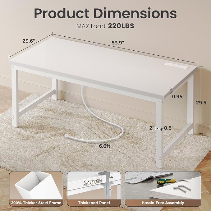 Huuger 55 x 24 inch Desk with Power Outlets & USB-C, Deeper & Thicker Desktop, Robust Metal Tubes, Computer Desk, Heavy Duty Office Desk, Work Gaming Desk for Home Office, White - Image 2