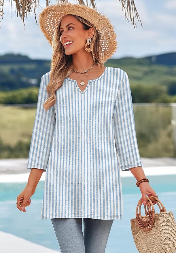 OFEEFAN Summer Boho Tops For Women 3/4 Length Sleeve Womens Tops Vacation Outfits - Image 3