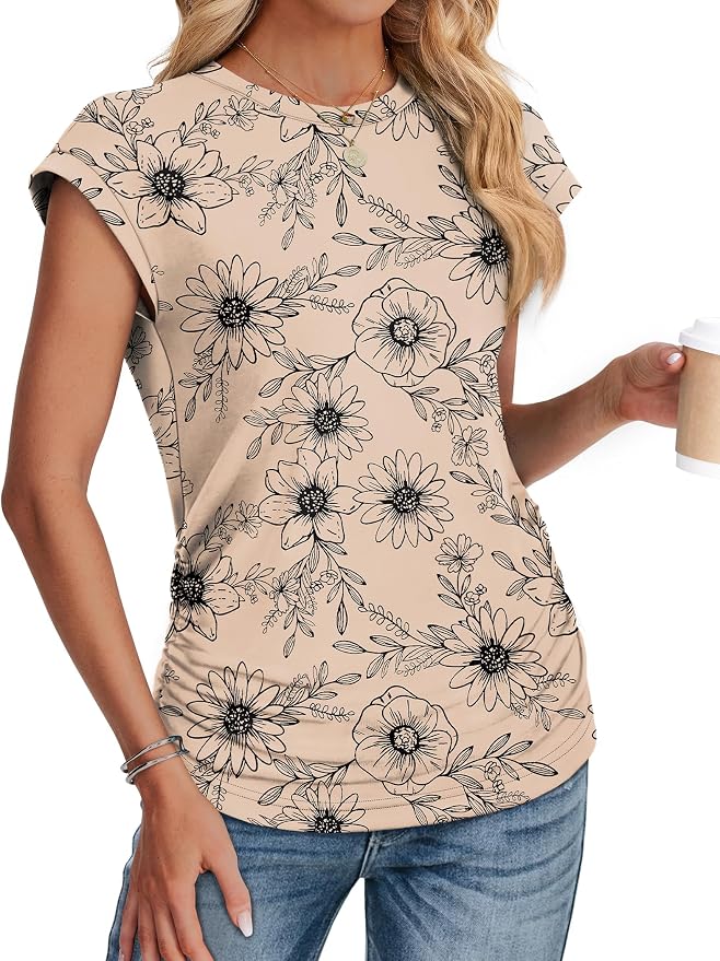Sampeel Womens Summer Tops Trendy 2026 Ruched Cap Short Sleeve Tshirts Shirts Crew Neck T Shirts Fashion - Image 3