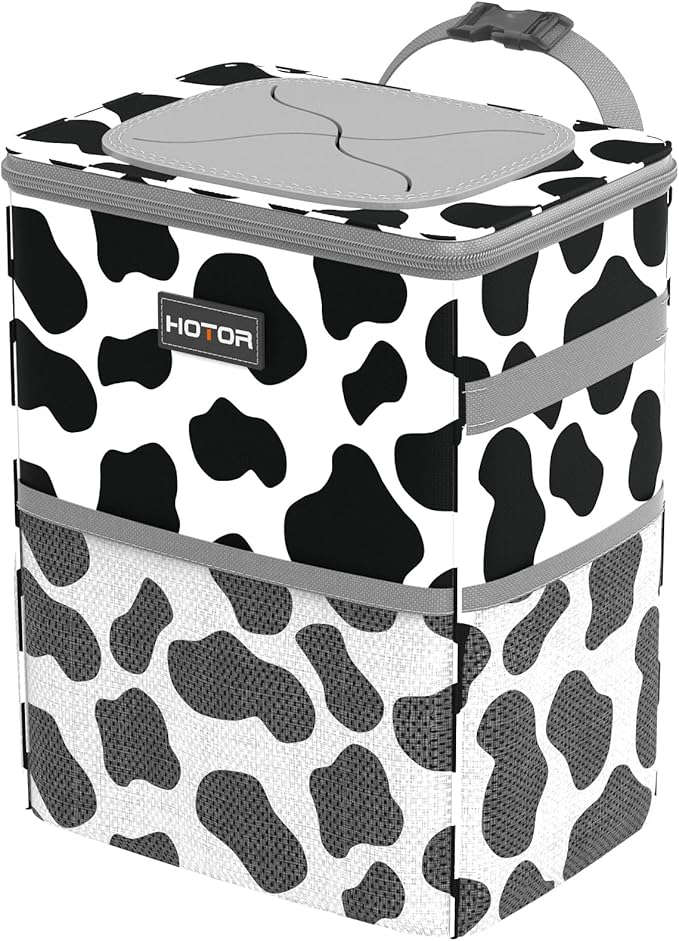 HOTOR Car Trash Can with Lid and Storage Pockets - 100% Leak-Proof Organizer, Waterproof Garbage Can, Multipurpose Trash Bin for Car, 2 Gallons, Cow by HOTOR